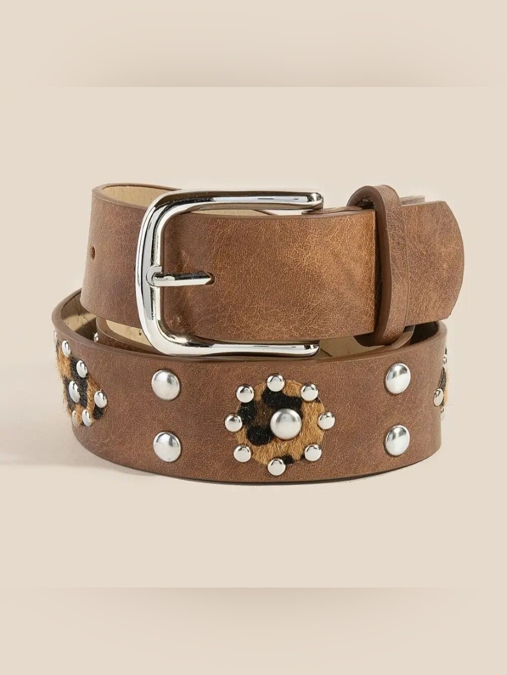 Brown Studded Leather Belt with Floral Haircalf Accents